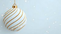 Elegant white Christmas ornament with gold spiral pattern on soft blue background with bokeh lights for holiday decor.