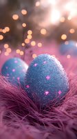 Glittering blue Easter eggs nestled in pink feathers with soft bokeh lights creating magical holiday atmosphere. Festive spring celebration background.