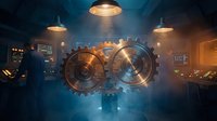 Interlocking brass gears with glowing edges in industrial facility with hanging lights and control panels, representing teamwork, engineering, and mechanical systems.