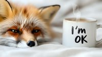 Sleepy red fox peeking from white bedding next to steaming coffee mug with motivational message. Cozy morning lifestyle concept.