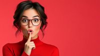 Young Asian woman in red turtleneck and glasses making shush gesture with finger on lips, expressing secrecy against vibrant red background. Playful facial expression.
