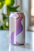 Elegant aluminum beverage can with modern purple and gold wave design on white surface against blurred green plant background. Suitable for branding mockups.