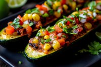Grilled zucchini boats filled with colorful corn salsa, diced tomatoes, and fresh herbs on black plate, garnished with lime and cilantro for healthy meal prep.