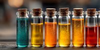 Colorful glass vials with cork stoppers containing vibrant liquids in turquoise, yellow, orange, and red hues arranged in a row on wooden surface.
