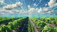 Futuristic agricultural field with digital overlay showing smart farming technology, rows of green crops under dramatic cloudy sky with data visualization lines.