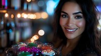 Young Middle Eastern woman with bright smile holding decorative tray with colorful spices at evening party, bokeh lights in background create festive atmosphere.