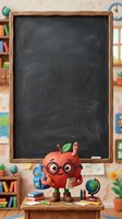 Animated red apple character with glasses holding blue backpack standing before blank chalkboard in colorful classroom setting. Educational content for children's learning materials.