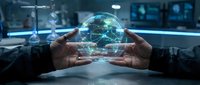 Businessman hands protecting glowing digital brain with neural network connections in modern office environment representing artificial intelligence and technology innovation.