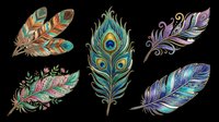 Colorful decorative feathers set isolated on transparent background, ready for stickers, sublimation, t-shirt design, print on demand, and clipart use.