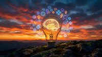 Glowing light bulb with illuminated digital icons floating above rocky terrain against dramatic sunset sky, representing innovation, creativity, and connected ideas for business and technology concepts.
