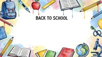 Back to school watercolor frame with educational supplies, books, backpack, apple and stationery items on white background for student design projects.