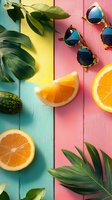 Fresh orange slices, tropical monstera leaves and sunglasses on vibrant pink and blue wooden background. Summer vacation concept for social media and blogs.