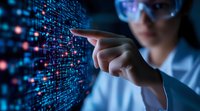 Asian female scientist in lab coat and safety glasses analyzing digital data visualization on futuristic interface, pointing at glowing dots pattern.