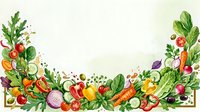 Fresh vegetables and herbs arranged in decorative corners on white background, isolated design element suitable for culinary, recipe, nutrition, and food packaging projects.