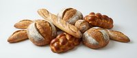 Assorted freshly baked bread loaves and rolls with crispy crusts arranged on white background for bakery, food, and culinary use.