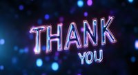 Glowing neon text saying thank you on dark background with blue bokeh lights and blurred circles creating magical atmosphere for greeting cards and social media.
