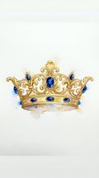 Watercolor golden royal crown with blue sapphires and ornate decorative elements on white background for luxury design projects.