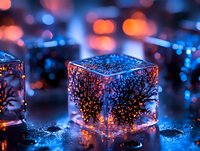 Glowing glass cube with tree silhouette pattern illuminated by colorful bokeh lights on wet reflective surface creates magical atmosphere for festive designs.