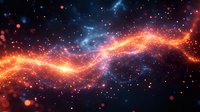 Cosmic energy wave with glowing orange and blue nebula effects against starry space background, featuring luminous particles and ethereal light trails.
