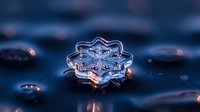 Delicate snowflake crystal with intricate patterns glowing against dark blue background, natural winter macro photography showing frozen ice formation details.