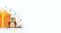 Cartoon owl sitting on branch next to orange gift box with yellow ribbon and colorful confetti, isolated on white background for greeting cards and celebrations.