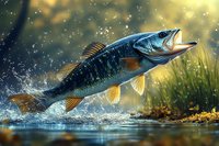 Largemouth bass leaping from water with splashing droplets against golden sunlight and aquatic vegetation, dramatic action moment in natural habitat.