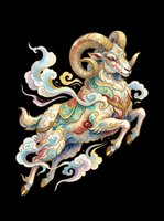Ornate mythical ram leaping with golden horns and swirling clouds in traditional Asian art style, isolated on transparent background, ready for stickers, sublimation, and t-shirt design.