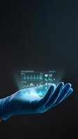 Medical professional hand displaying holographic health data interface with vital signs and charts for healthcare technology applications.