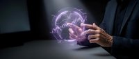 Hand of businessman in dark suit holding glowing purple digital globe with network connections, representing global technology, data transfer, and worldwide business communication.