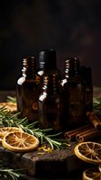 Amber glass essential oil bottles with dried orange slices, cinnamon sticks and rosemary herbs on rustic wooden surface for aromatherapy and natural wellness.