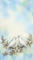 Two white doves perched on a flowering branch with delicate blossoms and green foliage against a soft watercolor sky in pastel blue and green tones.