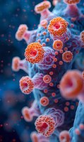 Microscopic cancer cells floating in bloodstream with detailed cellular structure for medical education and healthcare research presentations.