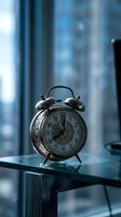 Vintage twin-bell alarm clock on a glass table near a window, evoking nostalgia and the passage of time in a modern setting.