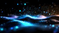Glowing blue and purple waves with sparkling particles and bokeh lights on dark background create magical atmospheric effect for luxury design projects.