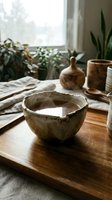 Steaming hot drink in rustic handmade ceramic bowl on wooden tray, cozy hygge kitchen setting with plants and natural light.