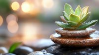 Zen stones pyramid with green succulent plant and water drops on dark background with golden bokeh lights, wellness and spa concept.
