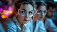 Young female scientist wearing protective eyewear in laboratory setting with blurred colleagues and colorful bokeh lights in background, conveying research and innovation.