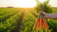 Fresh organic carrots held in hand over agricultural field at golden sunset, farm to table concept for healthy eating and sustainable agriculture.