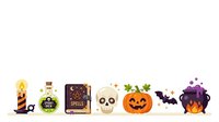 Isolated Halloween icons set featuring candle, witch potion bottle, spellbook, skull, jack-o-lantern pumpkin, bat, and cauldron on white background for seasonal designs.