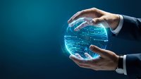 Businessman hands holding glowing digital globe with data streams, representing global technology, connectivity, and digital transformation for business solutions.