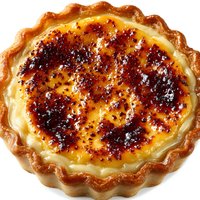 French creme brulee tart with caramelized sugar top and flaky pastry crust on white background isolated for culinary design projects.