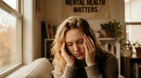 Young blonde woman experiencing stress and headache holding head in hands at home with mental health matters sign on wall for wellness awareness.