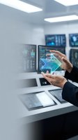 Businessman holding glowing holographic circuit arrow in high-tech control room with multiple monitors, symbolizing digital innovation.