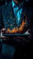 Businessman holding digital tablet displaying glowing orange financial charts and analytics data visualization against dark background with blue technology effect.