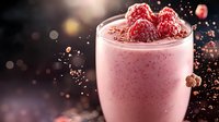 Fresh raspberry smoothie with frozen berries and chocolate sprinkles in glass on dark background with bokeh lights and flying particles. Food photography.