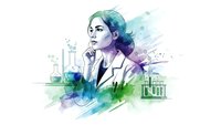 Female scientist in lab coat thinking with chemistry equipment and watercolor splash effects on white background for educational design.