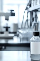Laboratory bottle with blank label on counter against blurred scientific equipment background, suitable for medical research and pharmaceutical concepts.
