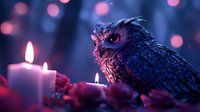 Mystical owl near glowing candles in dark purple and pink atmospheric lighting with bokeh effect and rose petals creating magical ambiance.