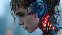 Young woman with cybernetic implants and glowing red circuits integrated into her face and ear, futuristic cyborg portrait with wet hair against blue background.