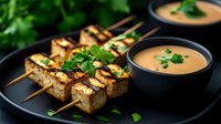 Grilled tofu skewers with creamy peanut dipping sauce on black plate garnished with fresh herbs. Plant based protein appetizer for healthy eating.